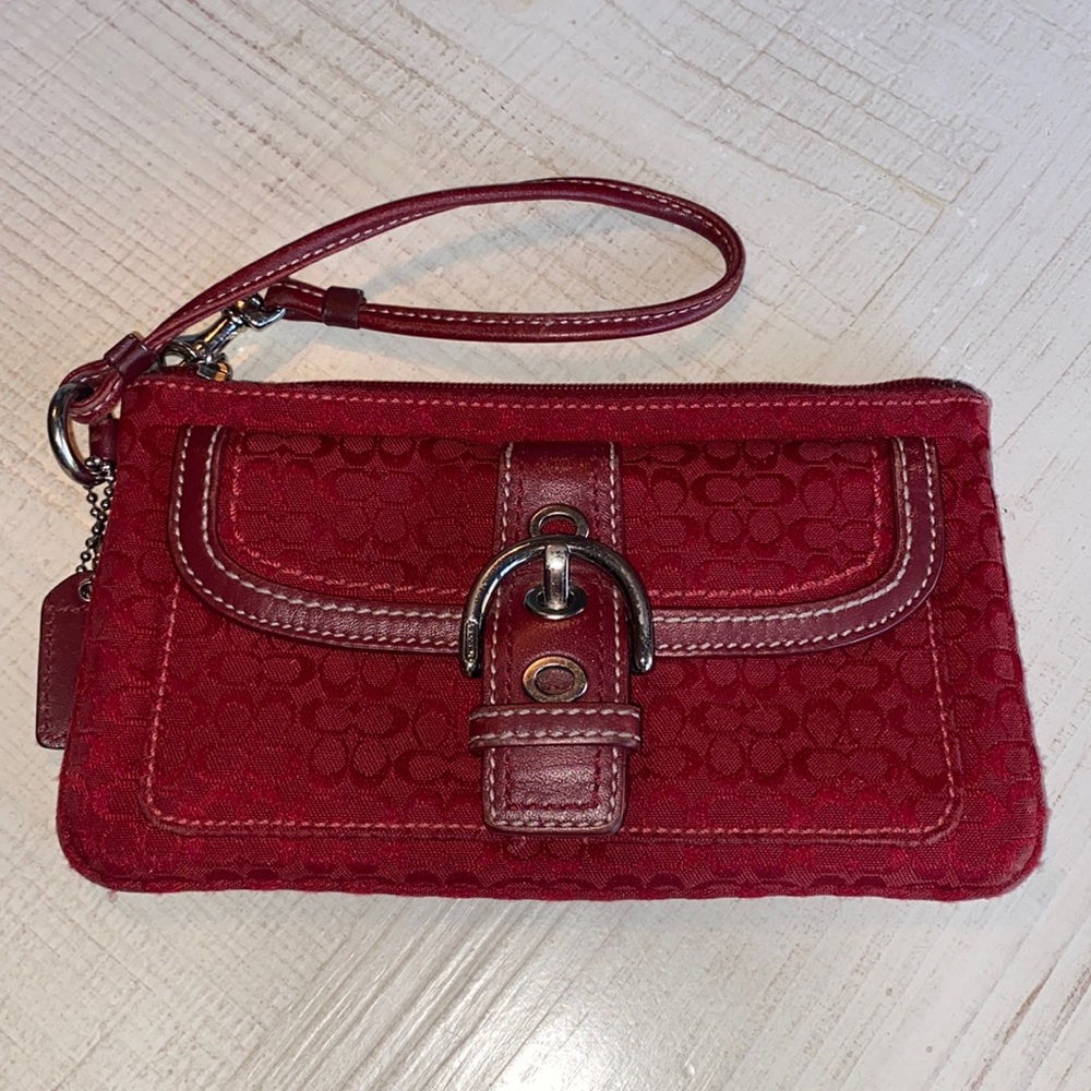 Vintage Coach red logo wristlet, zipper top and snap front pocket